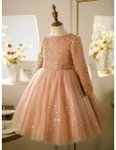 Beautiful Bling Sequins Couture Girls Formal Gown with Sequined Long Sleeves