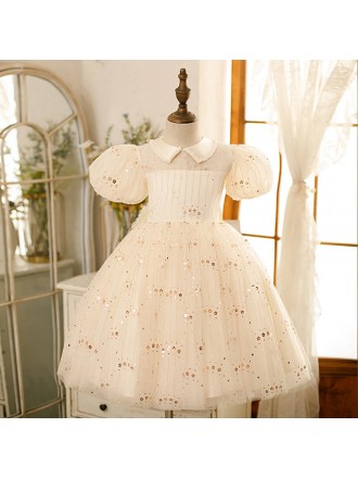 Cute Baby Collar Flowers Sequined Ballgown Girls Formal Gown with Bubble Sleeves
