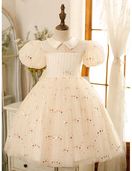 Cute Baby Collar Flowers Sequined Ballgown Girls Formal Gown with Bubble Sleeves