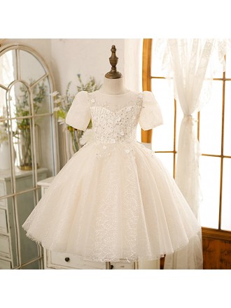 High-end Sequined Ballgown Flower Girl Dress Illusion with Short Sleeves
