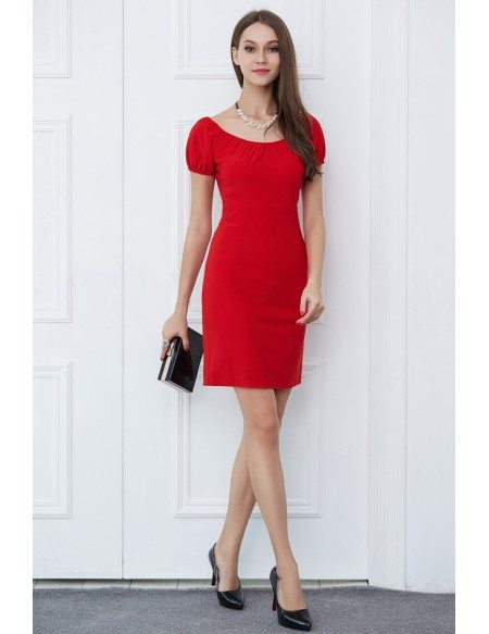 Casual Red Short Weeding Guest Dress With Sleeves