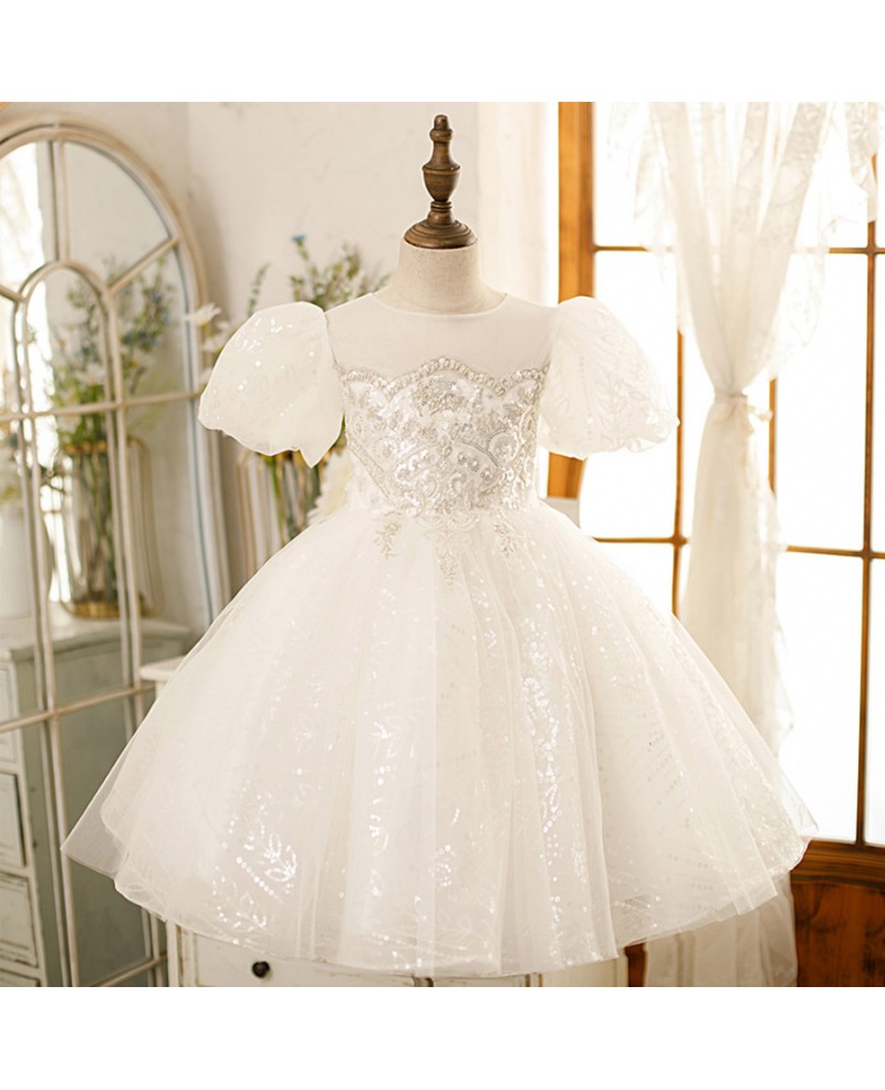 Unique Sequined Embroidery Ballgown Ivory Flower Girl Dress with Bubble ...