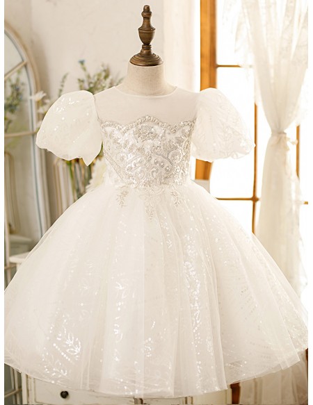 Unique Sequined Embroidery Ballgown Ivory Flower Girl Dress with Bubble Sleeves