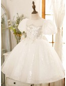 Unique Sequined Embroidery Ballgown Ivory Flower Girl Dress with Bubble Sleeves