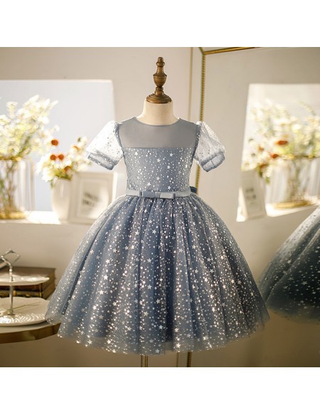 Blue Tulle Bling Sequined Stars Ballgown Girls Formal Dress with Short Sleeves