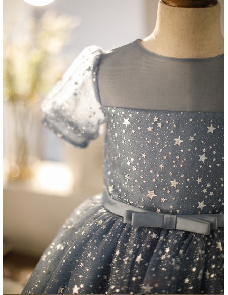 Blue Tulle Bling Sequined Stars Ballgown Girls Formal Dress with Short Sleeves