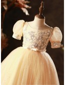 Yellow Sequined Ballgown Tulle Little Girls Party Dress with Bubble Sleeves