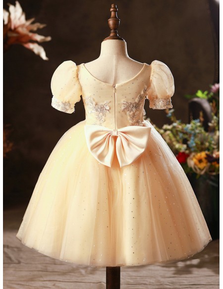 Yellow Sequined Ballgown Tulle Little Girls Party Dress with Bubble Sleeves