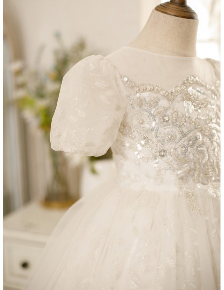 Couture Sequined Embroidery Ballgown Tulle Flower Girl Dress with Bubble Sleeves