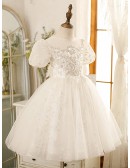 Couture Sequined Embroidery Ballgown Tulle Flower Girl Dress with Bubble Sleeves