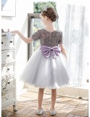 Lovely Bow Sash Grey Tulle Little Girls Party Dress with Sequined Short Sleeves