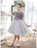 Lovely Bow Sash Grey Tulle Little Girls Party Dress with Sequined Short Sleeves