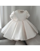 Couture Ivory Satin Ruffled Jeweled Neckline Flower Girl Dress with Short Sleeves