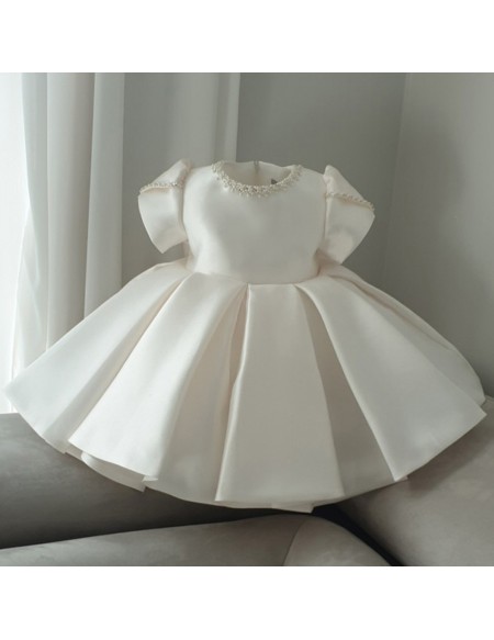 Couture Ivory Satin Ruffled Jeweled Neckline Flower Girl Dress with Short Sleeves