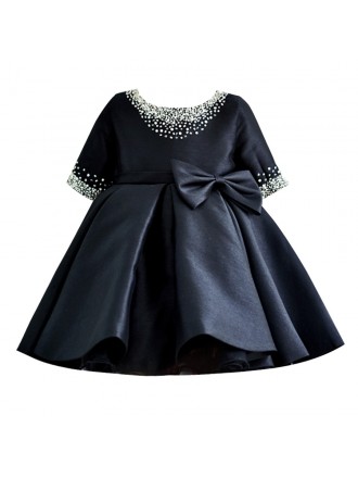 High-end Black Formal Ballgown Girls Party Dress with Bows Jeweled Neckline
