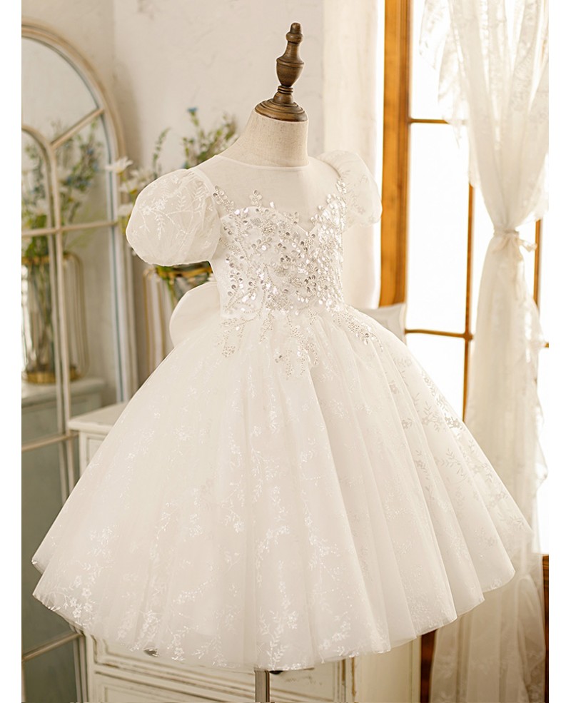 Couture Sequined Ivory Ballgown Flower Girl Dress with Sheer Bubble ...