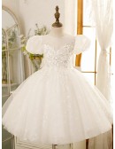 Couture Sequined Ivory Ballgown Flower Girl Dress with Sheer Bubble Sleeves