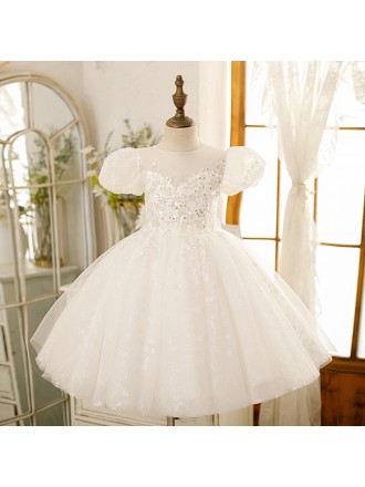 Couture Sequined Ivory Ballgown Flower Girl Dress with Sheer Bubble Sleeves
