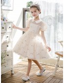 Cute Baby Collar Sequined Ballgown Girls Formal Dress with Short Sleeves
