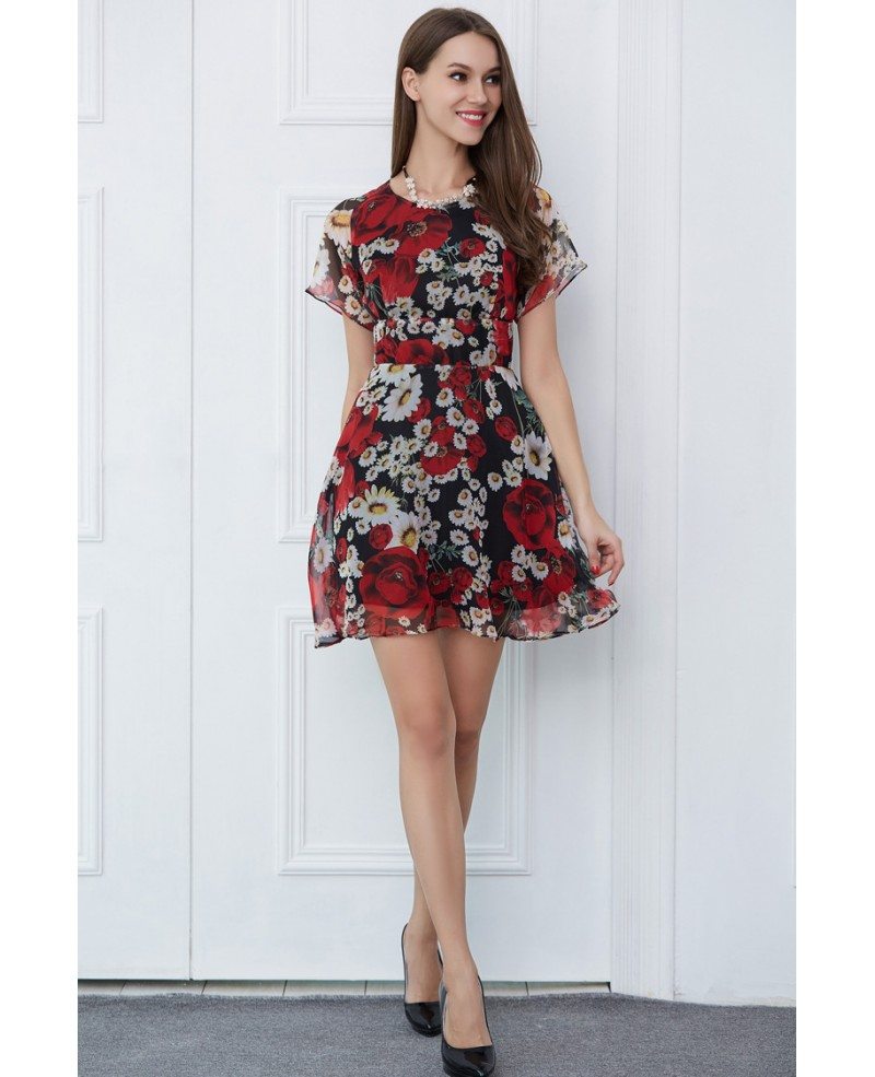 Summer Floral Print Chiffon Short Weeding Guest Dress With Sleeves # ...