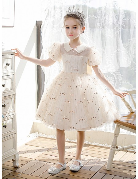 Cute Baby Collar Sequined Ballgown Girls Formal Dress with Short ...