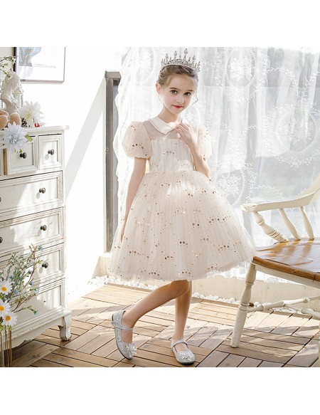 Cute Baby Collar Sequined Ballgown Girls Formal Dress with Short Sleeves