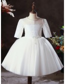 Elegant Pearls Neckline Ballgown Tulle Flower Girl Dress with Lace Sleeves
