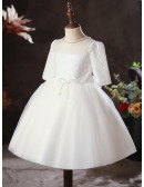 Elegant Pearls Neckline Ballgown Tulle Flower Girl Dress with Lace Sleeves