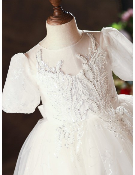 Couture Embroidered Sequins Ballgown Wedding Flower Girl Dress with Short Sleeves