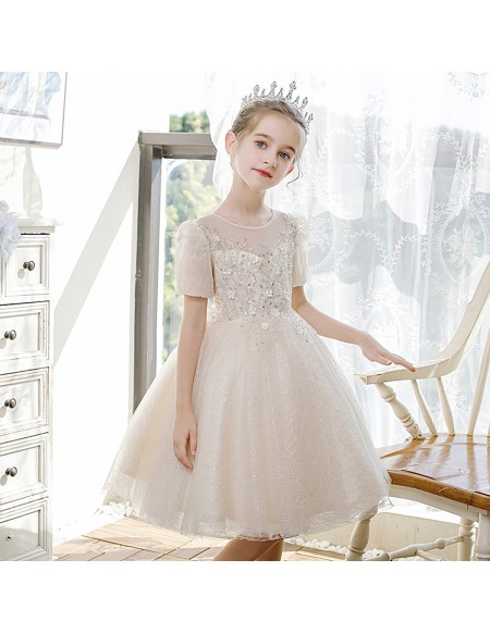 Cute Bubble Sleeved Ballgown Tulle Princess Flower Girl Dress with Sequins