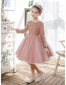Pink Tulle Bling Sequins Ballgown Girls Formal Party Dress with Long Sleeves