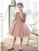 Pink Tulle Bling Sequins Ballgown Girls Formal Party Dress with Long Sleeves