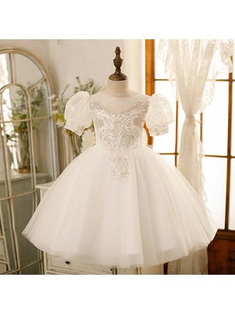 Ivory with Silver Sequins Embroidery Ballgown Tulle Flower Girl Dress with Bubble Sleeves