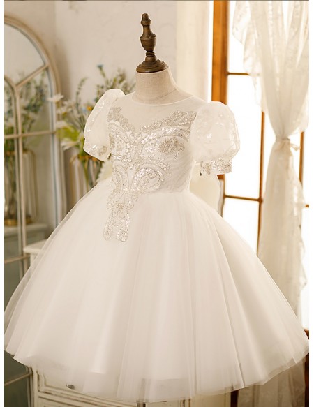 Ivory with Silver Sequins Embroidery Ballgown Tulle Flower Girl Dress with Bubble Sleeves