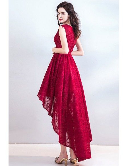 Chic High Low Burgundy Red Lace Party Prom Dress Hi Lo
