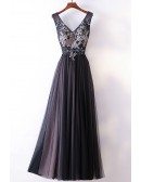 Different Long Black V-neck Cheap Prom Dress With Lace