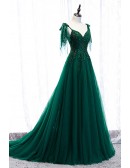 Formal Long Green Flowy Tulle Prom Dress with Appliques Straps