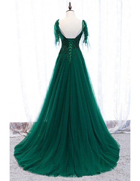 Formal Long Green Flowy Tulle Prom Dress with Appliques Straps MX16110 ...