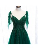 Formal Long Green Flowy Tulle Prom Dress with Appliques Straps