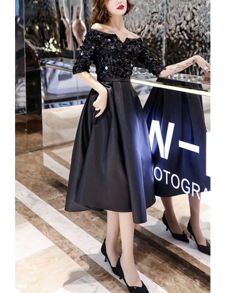Black Tea Length Off Shoulder Party Dress With Sequins