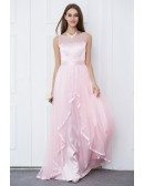 Candy Pink Feminine A-Line Satin Tulle Long Prom Dress With Ruffle