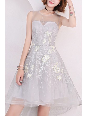 Cute High Low Grey Homecoming Dress With Illusion Neckline
