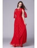 Stylish A-Line Red Lace Tulle Long Evening Dress With Sleeves