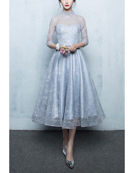 Elegant Grey Lace Tea Length Party Dress With High Neck