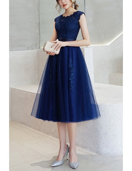 Navy Blue Lace Tea Length Wedding Party Hoco Dress With Appliques