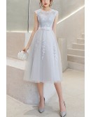 Navy Blue Lace Tea Length Wedding Party Hoco Dress With Appliques