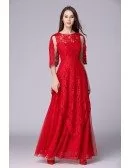 Stylish A-Line Red Lace Tulle Long Evening Dress With Sleeves