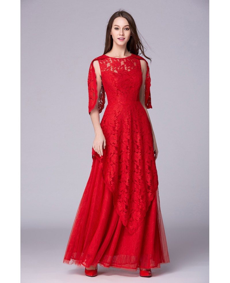 Stylish A-Line Red Lace Tulle Long Evening Dress With Sleeves #CK505 ...