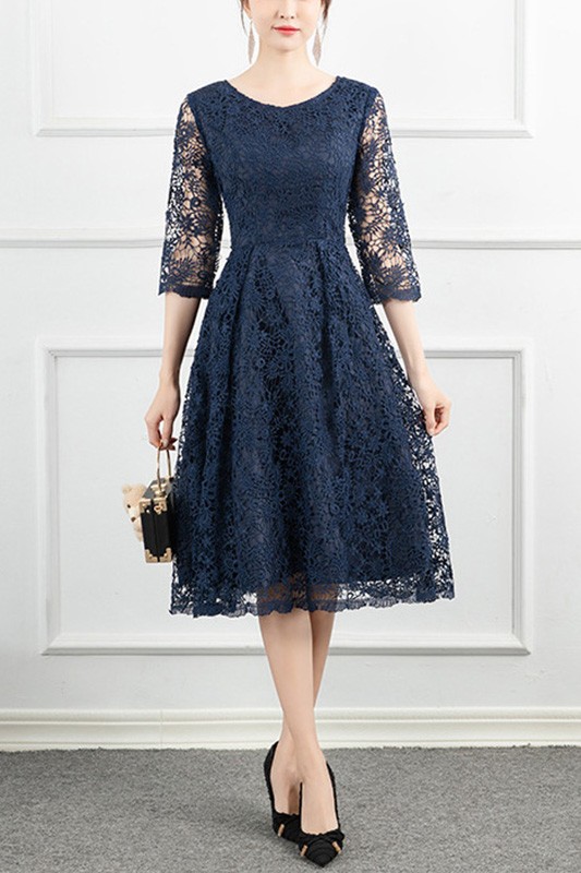 Navy Blue Lace Modest Party Dress With Lace Sleeves For Women #J1657 ...