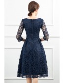Navy Blue Lace Modest Party Dress With Lace Sleeves For Women